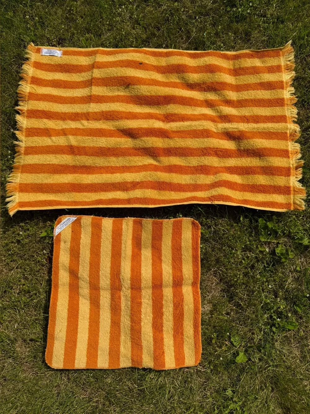 Vintage MCM Fieldcrest GOLD STRIPED Hand Towel Cotton Washcloth 2pc Yellow Brown